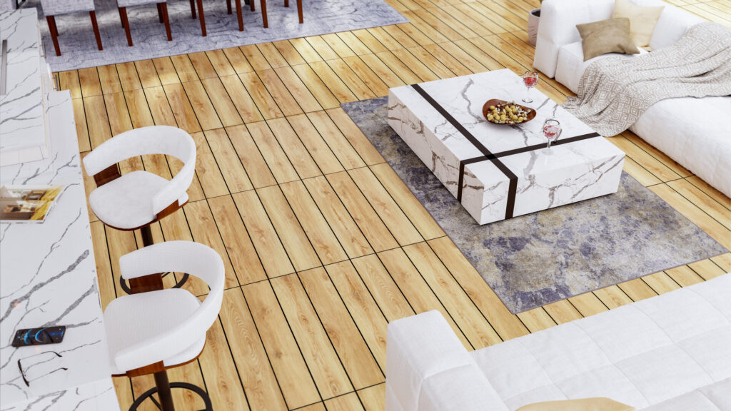 Luxuriöses Innendesign, weißer Esstisch aus Granitstein, mit Holzfußboden und weißer Couch