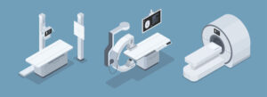 Eine Reihe von medizinischen Maschine, Röntgen, Röntgen-Fluoroskopie, Magnetresonanztomographie, in isometrischen Vektor-Design.
