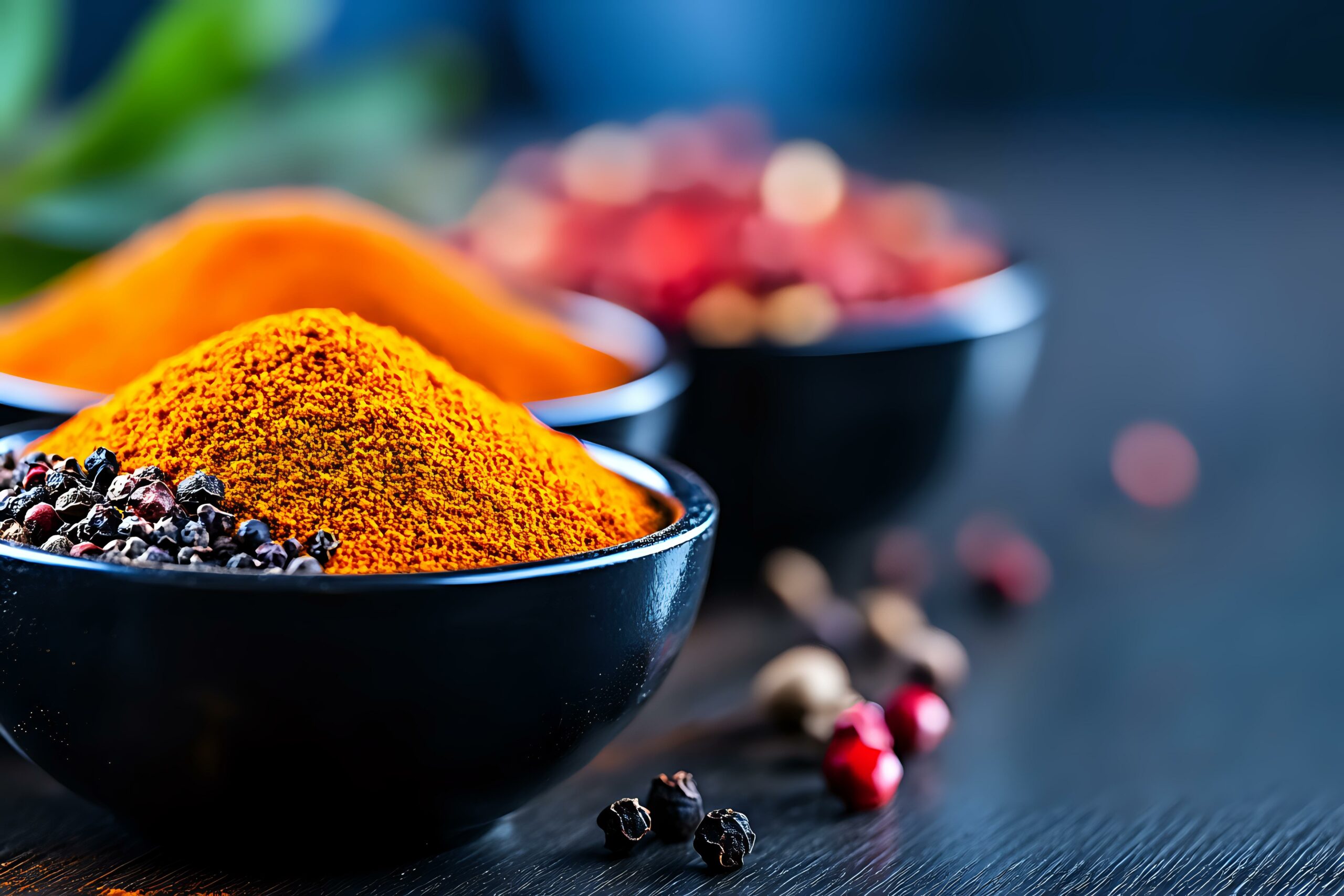 Kurkuma und Pfeffer in schwarzer Schale als natürliche Ergaenzung zu Manuka Honig
